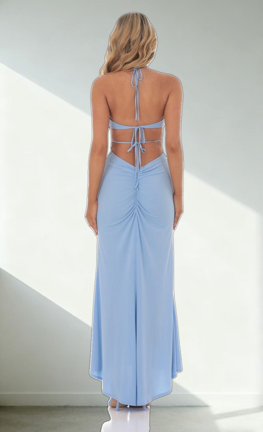 Plunge Neck Ruched Maxi Dress in Blue