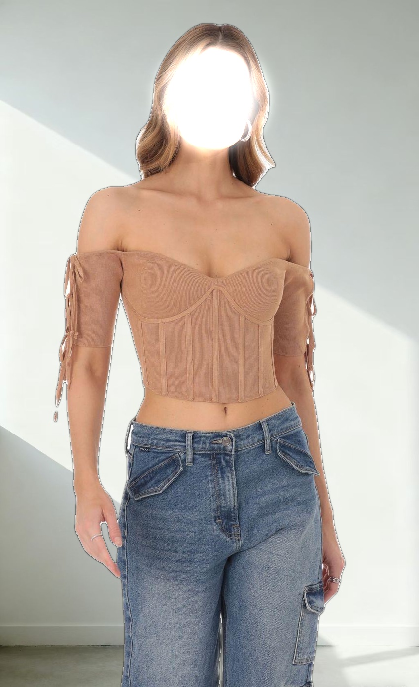 Ribbed Off Shoulder Corset Top in Brown