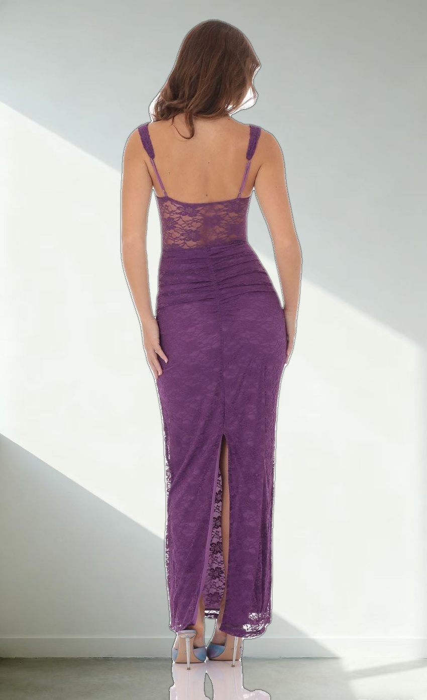 Lace Twist Ruched Maxi Dress in Purple