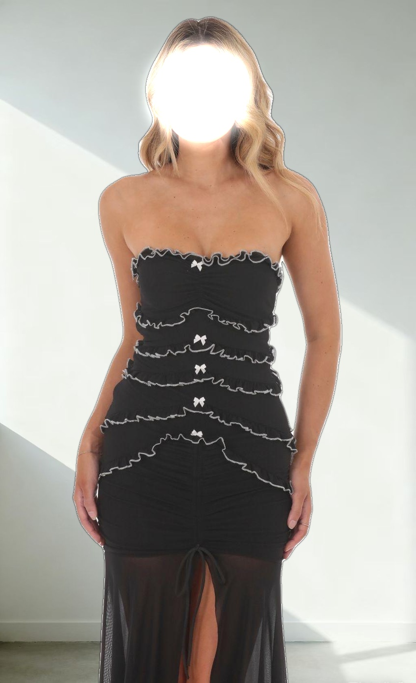 Mesh Strapless Ruffle Bodycon Maxi Dress in Black