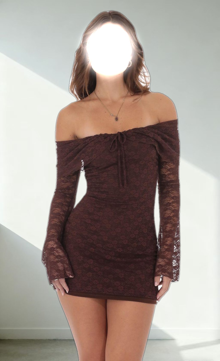 Lace Draped Off Shoulder Dress in Brown