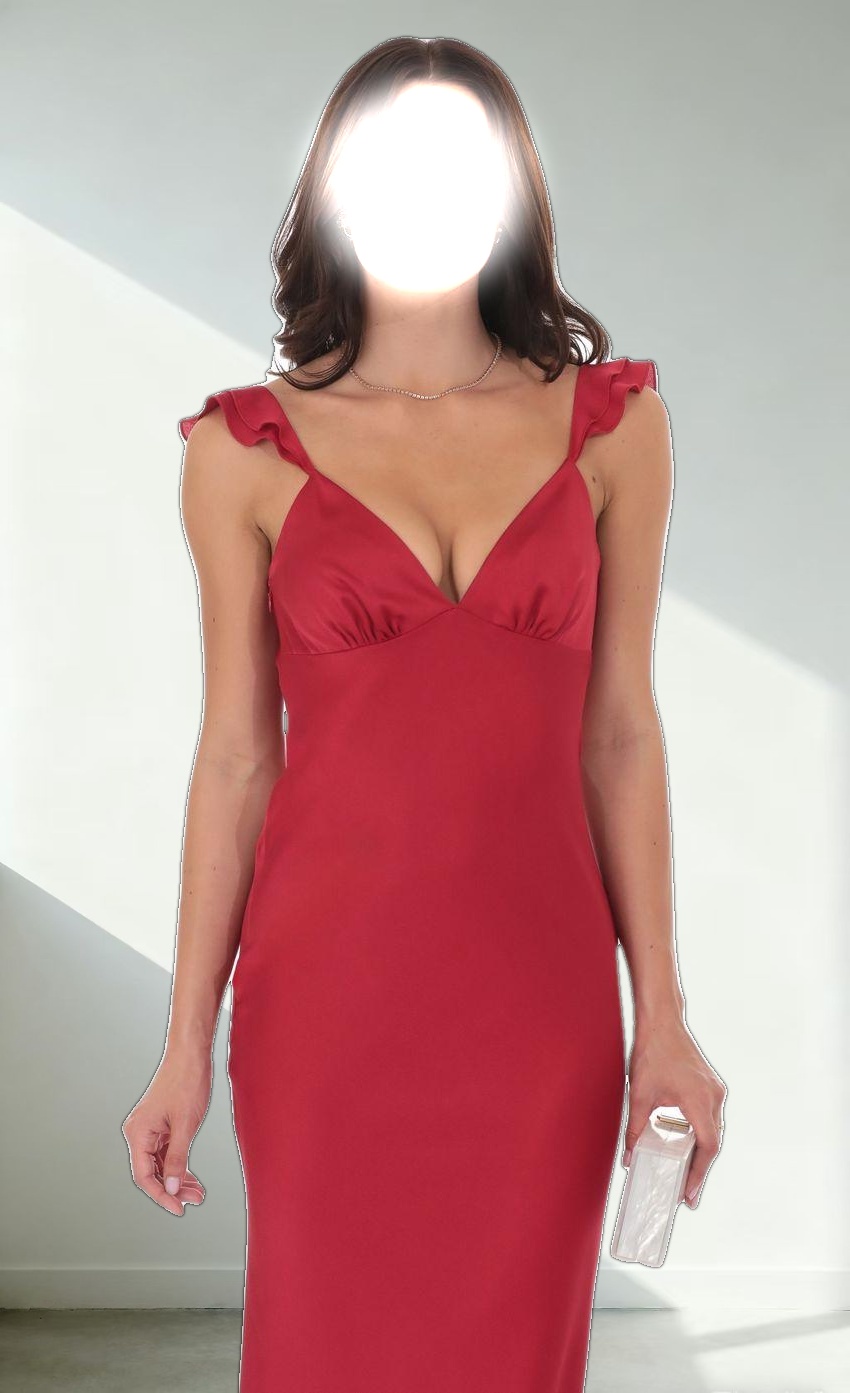 Satin Ruffle Open Maxi Dress in Red