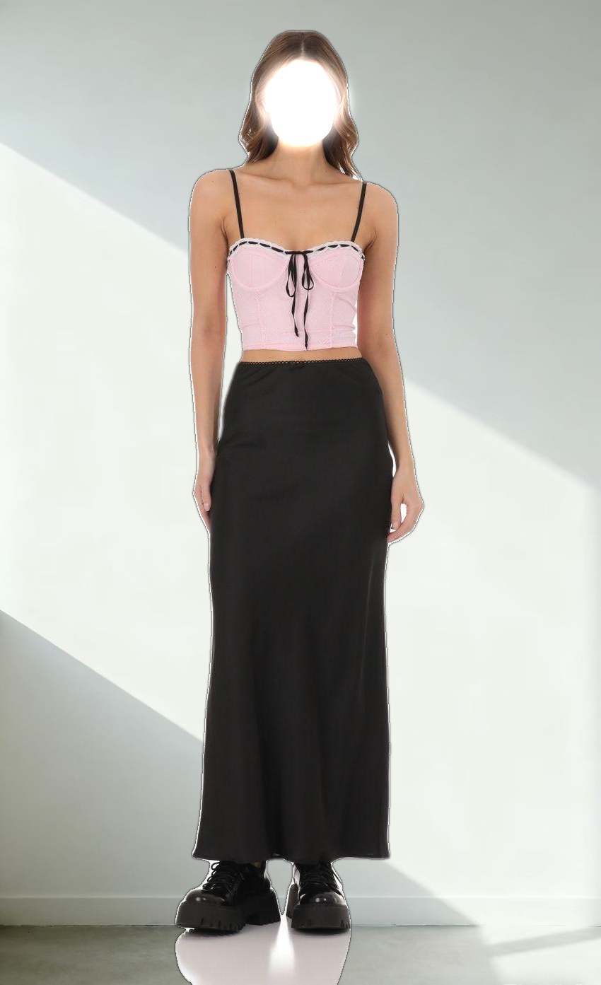 Black Ribbon Lace Crop Top in Pink