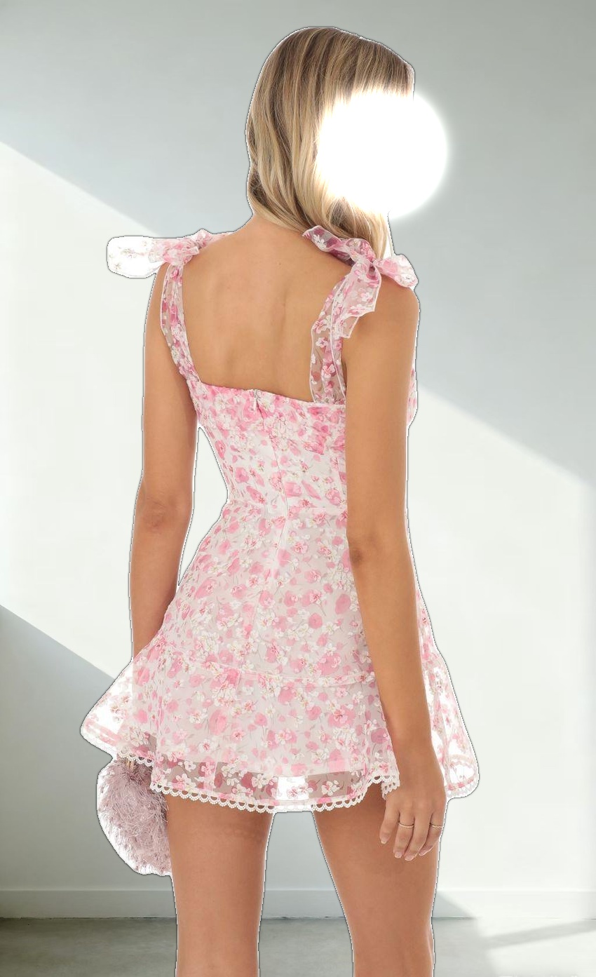 Shimmer Pink Floral Mini Dress in White