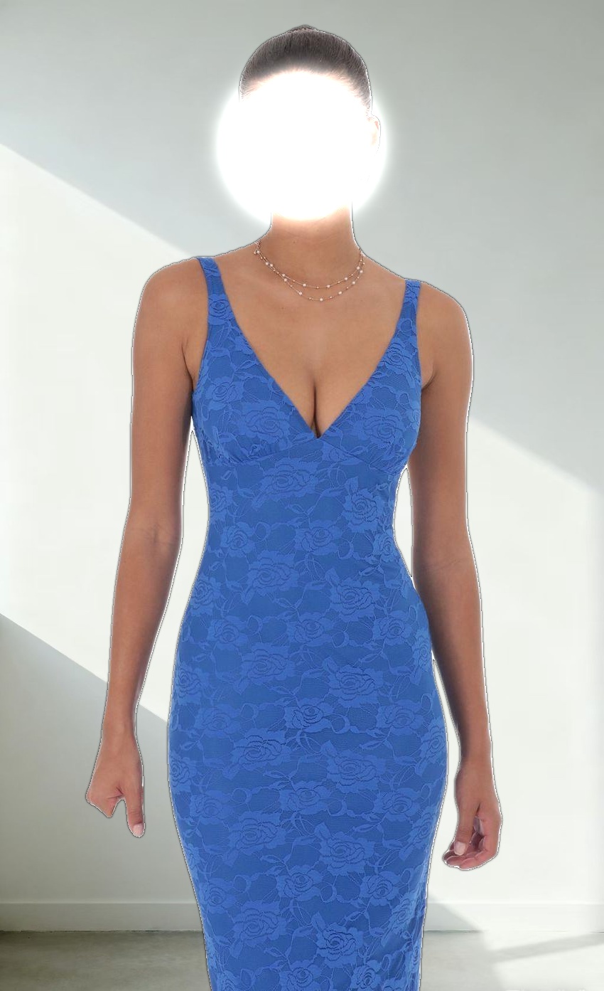 Lace Open Back Bodycon Maxi Dress in Blue