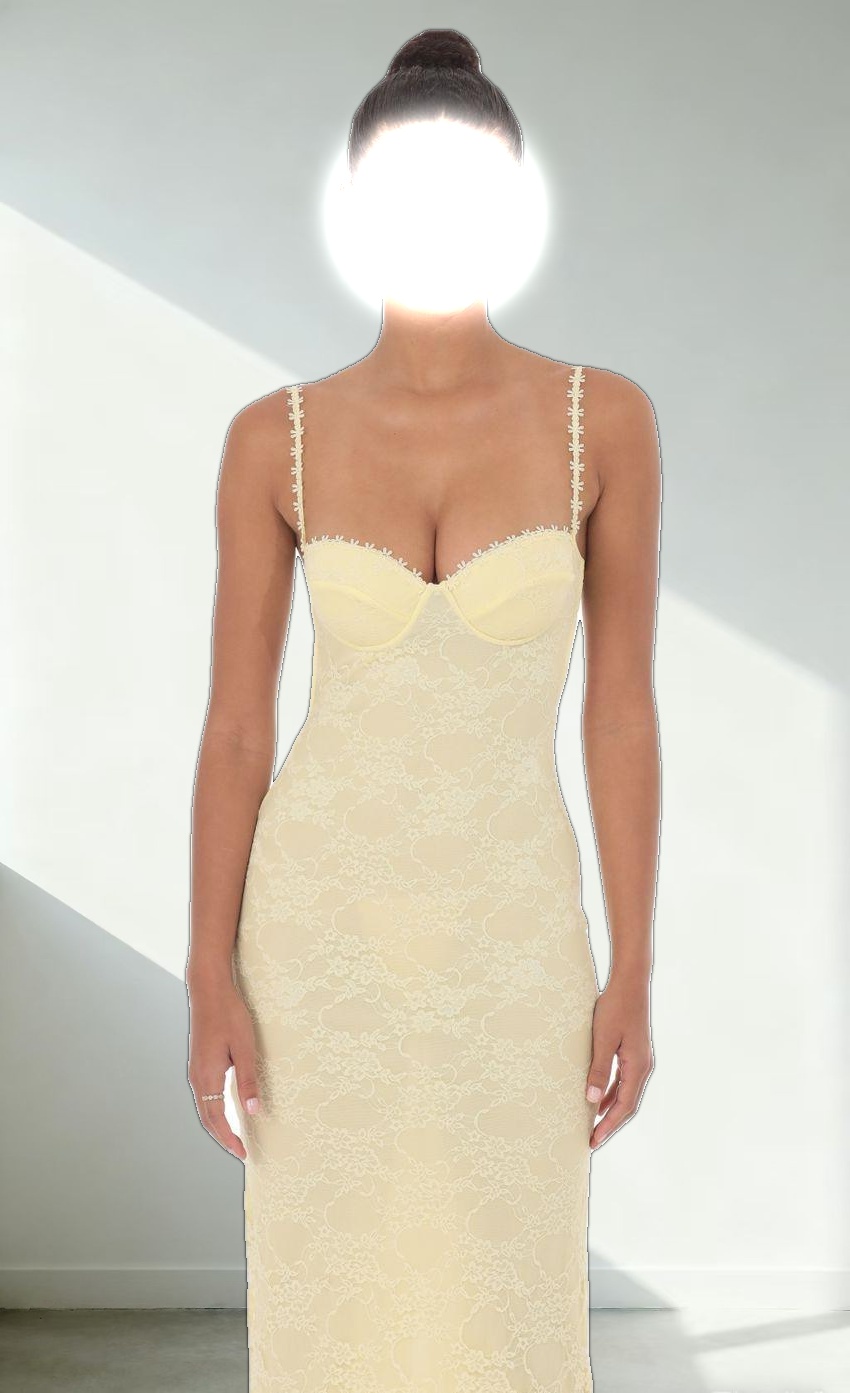 Lace Floral Trim Maxi Dress in Yellow