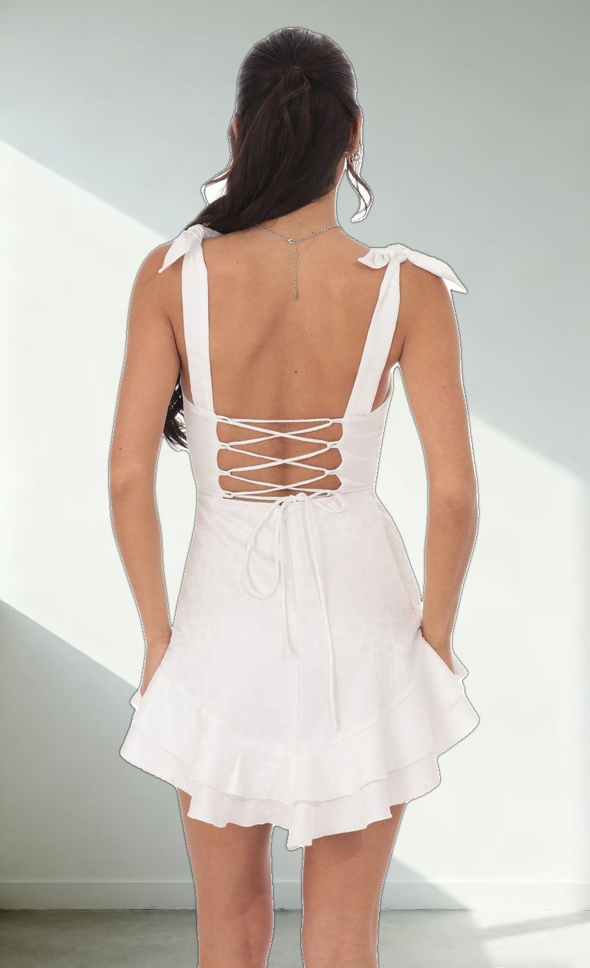 Floral Jacquard Ruffle A-line Dress in White