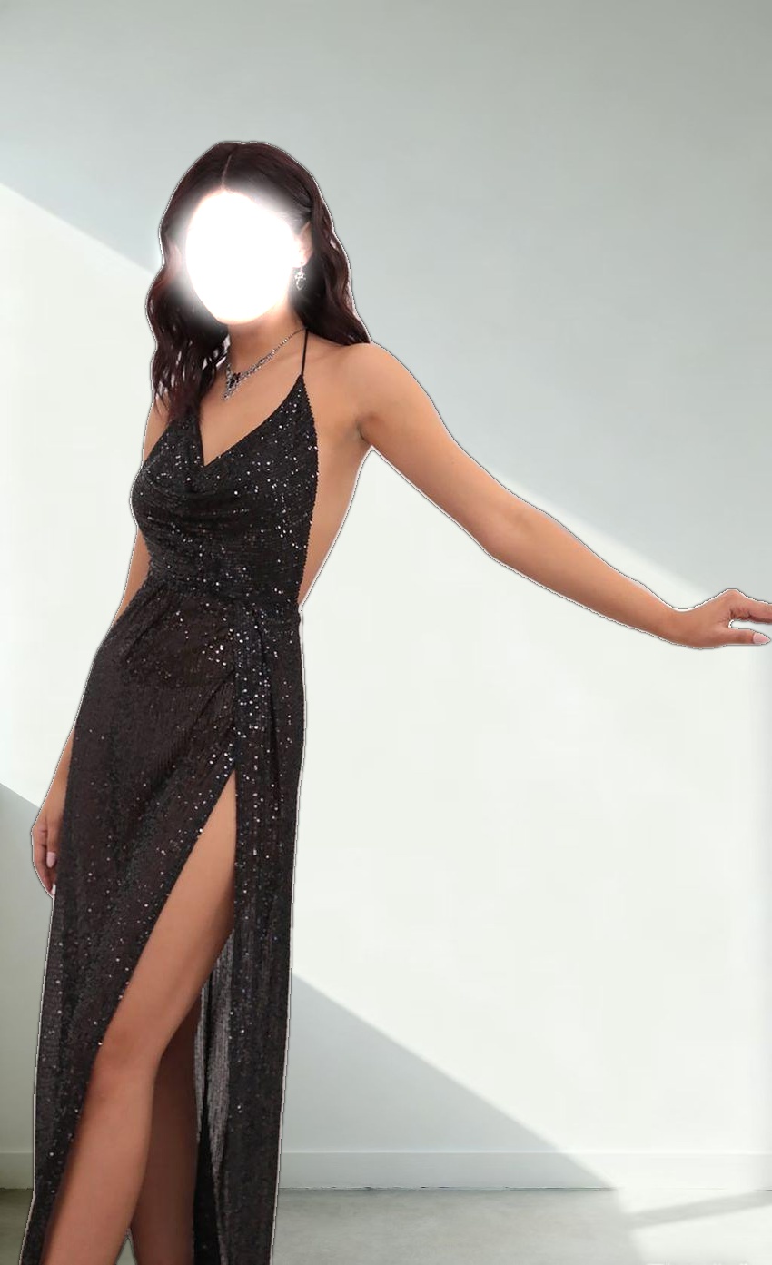 Cowl Neck Maxi Dress in Black Sequin