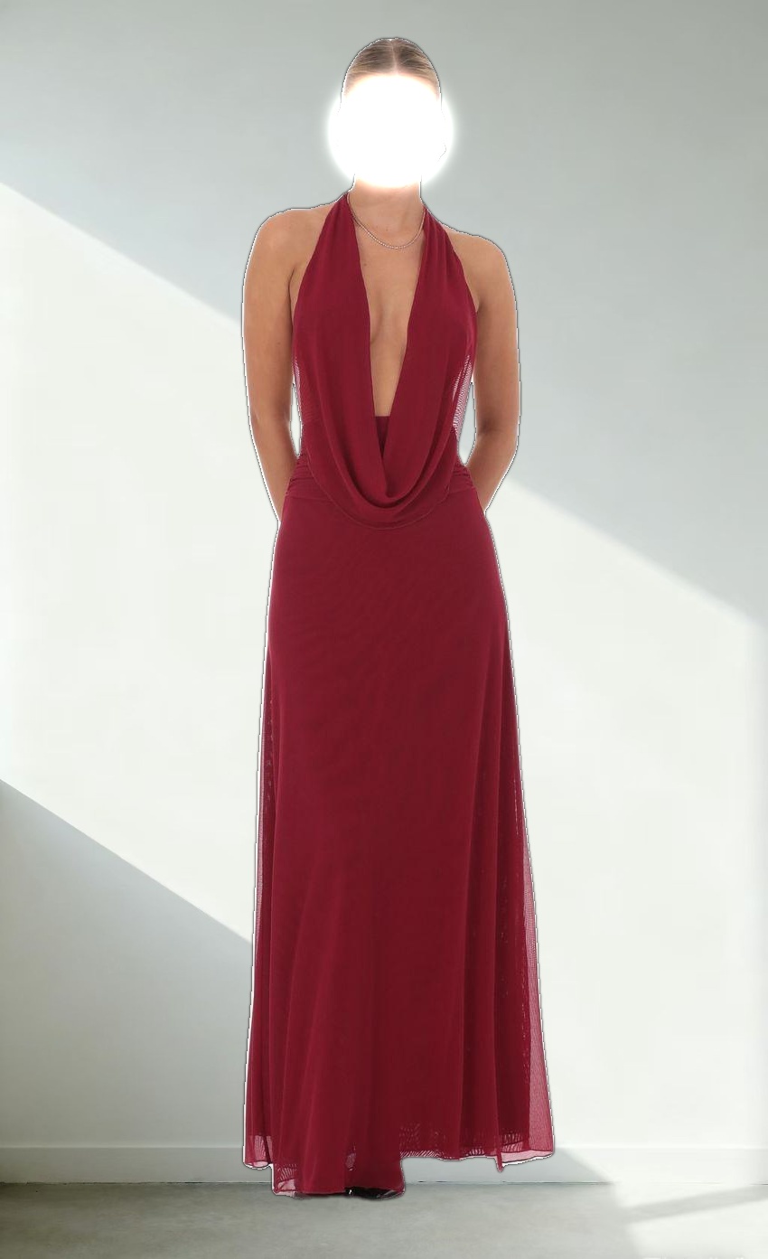 Mesh Plunge Cowl Neck Dress in Maroon
