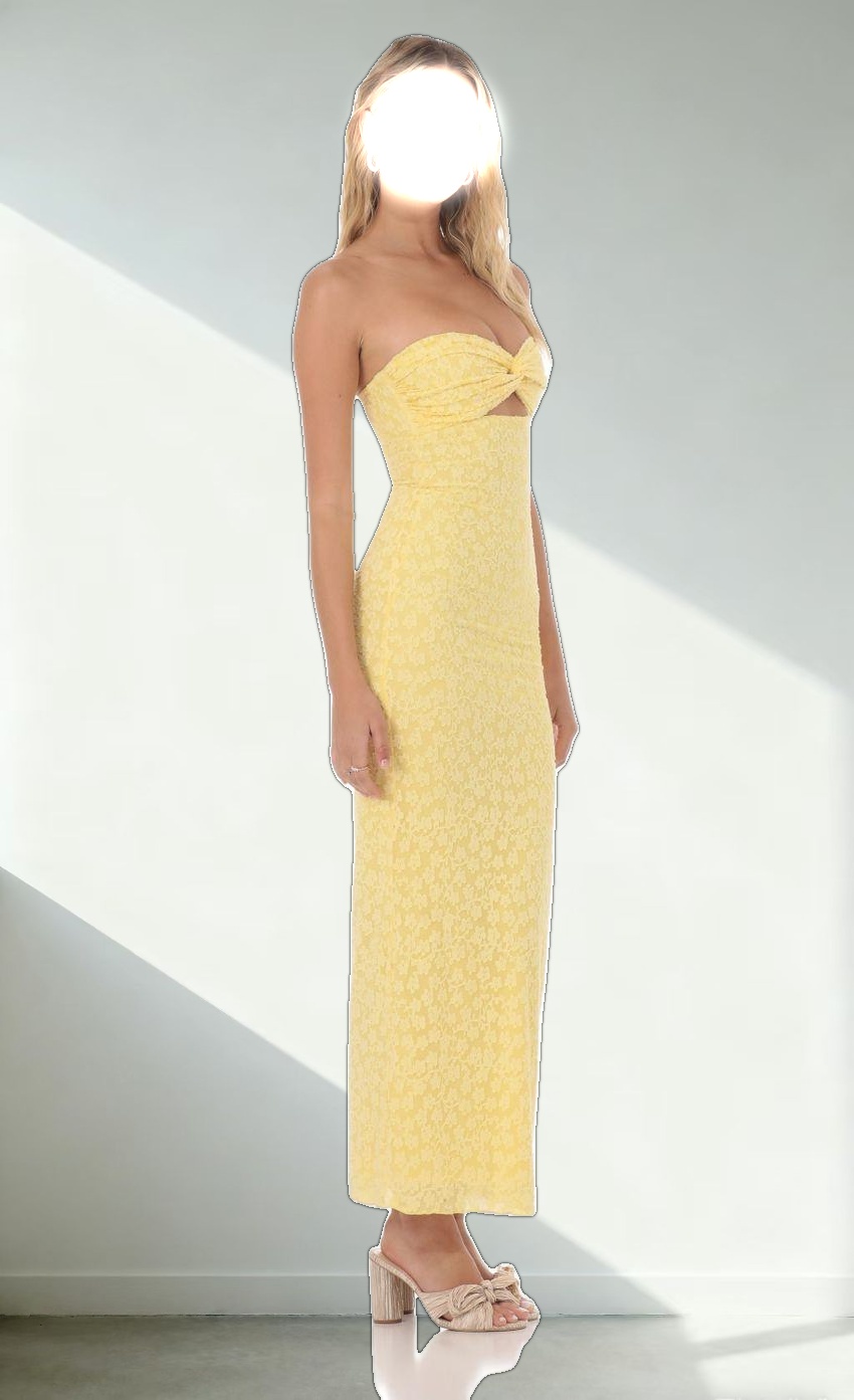 Strapless Textured Floral Twist Maxi Dress in Yellow