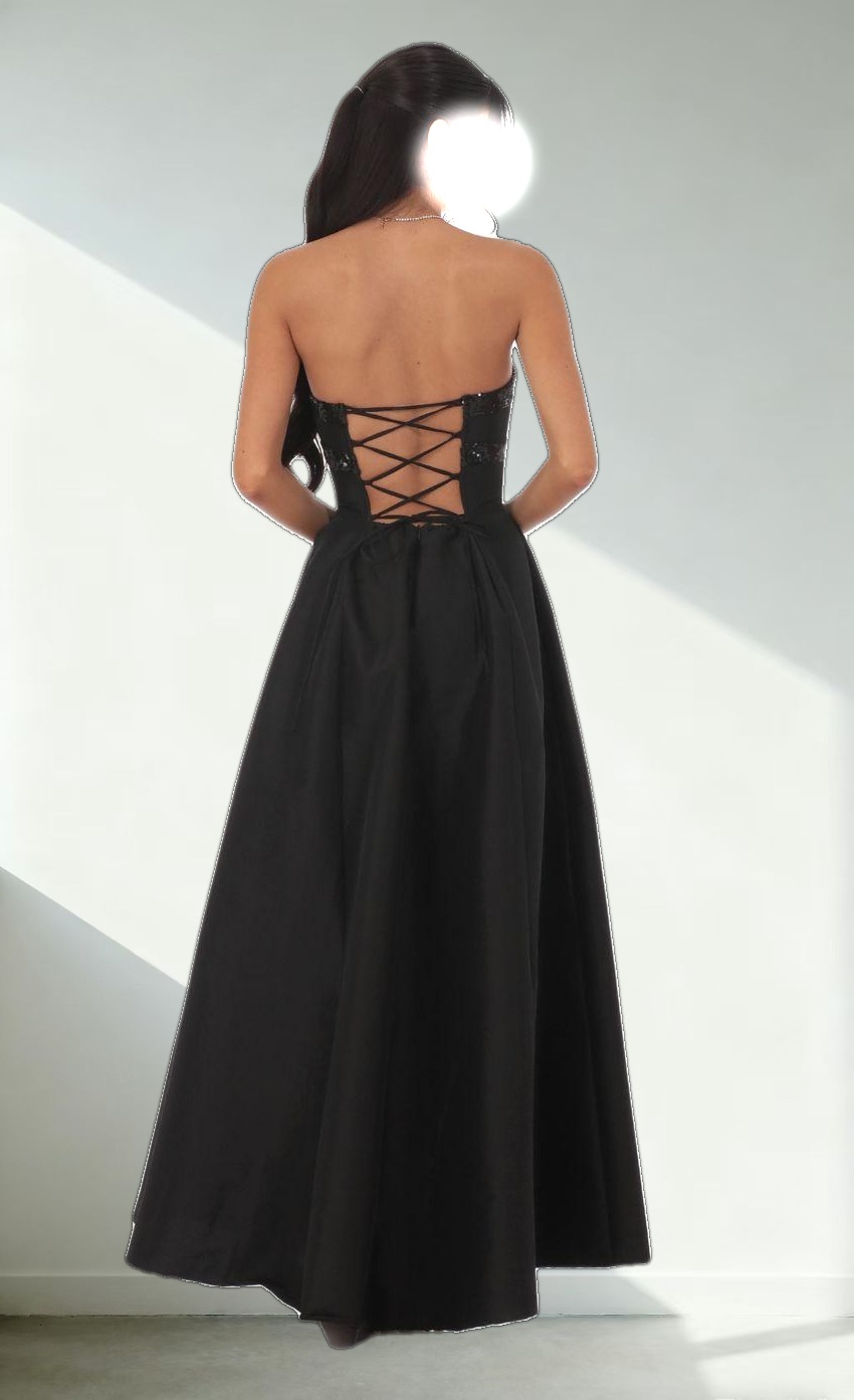 Sequin Draped Strapless Gown in Black