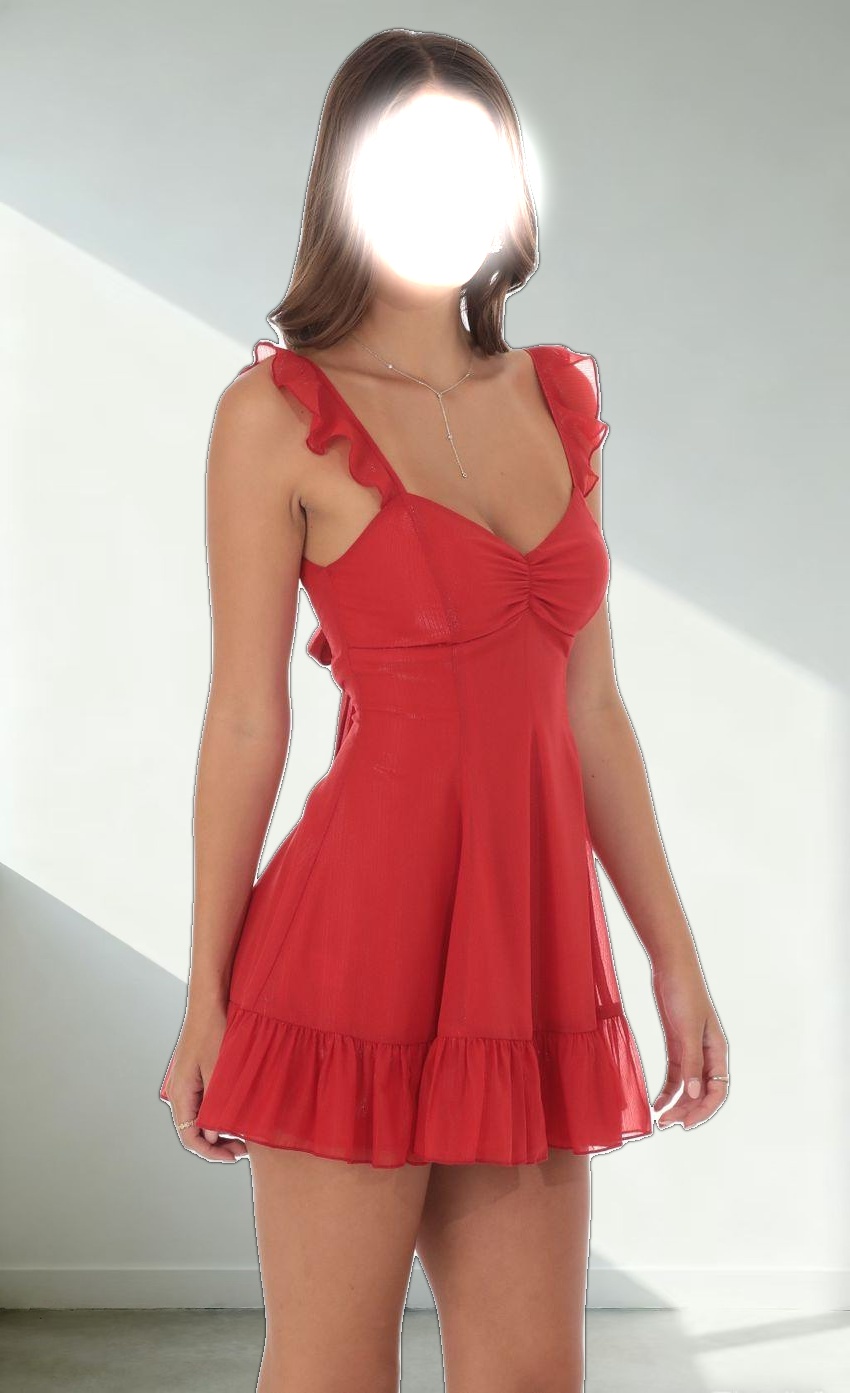 Shimmer Chiffon Ruffle Strap Dress in Red