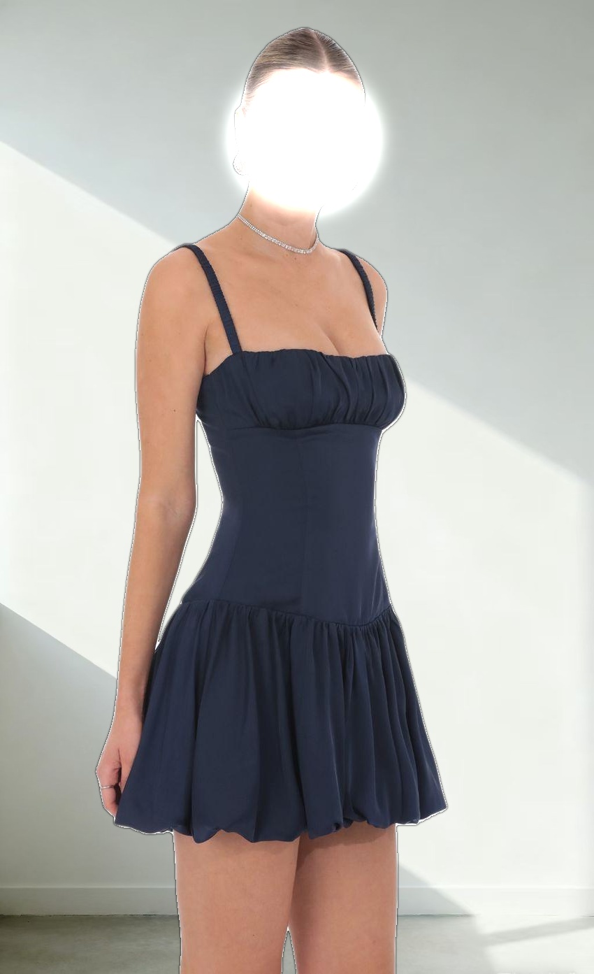 Ruched Bust Bubble Dress in Navy