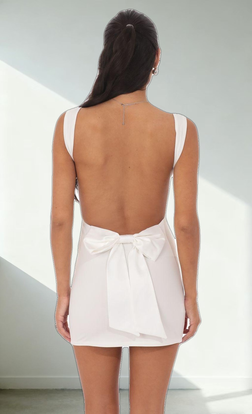 Open Back Satin Bow Dress in White