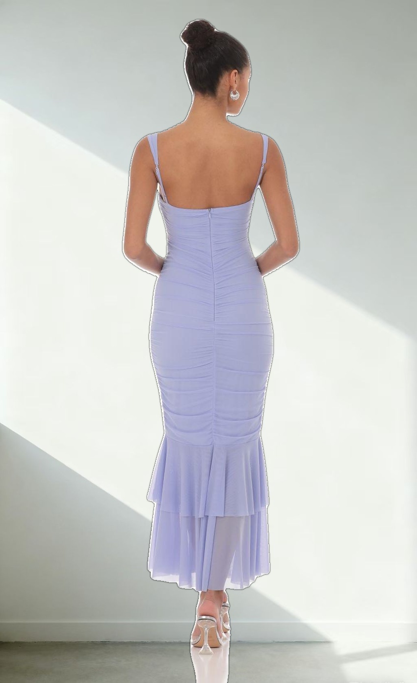 Mesh Ruched Mermaid Midi Dress in Periwinkle