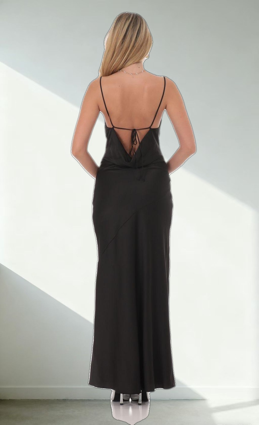 Satin Asymmetrical Cowl Neck Maxi Dress in Black