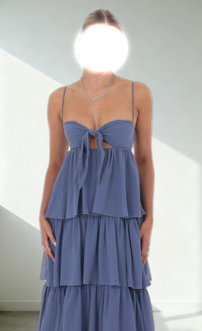 Chiffon Front Tie Ruffle Dress in Denim Blue