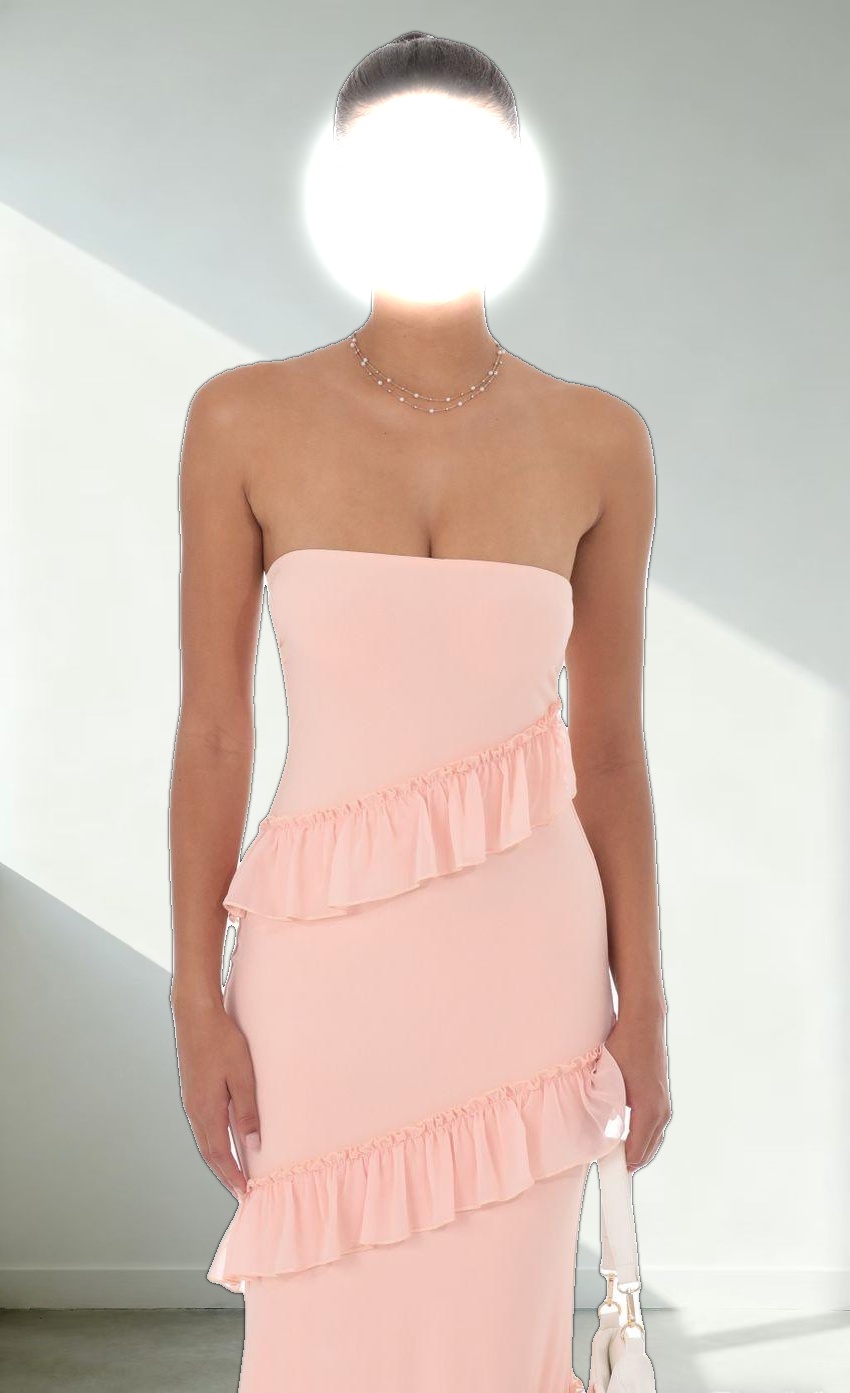 Strapless Spiral Ruffle Maxi Dress in Peach