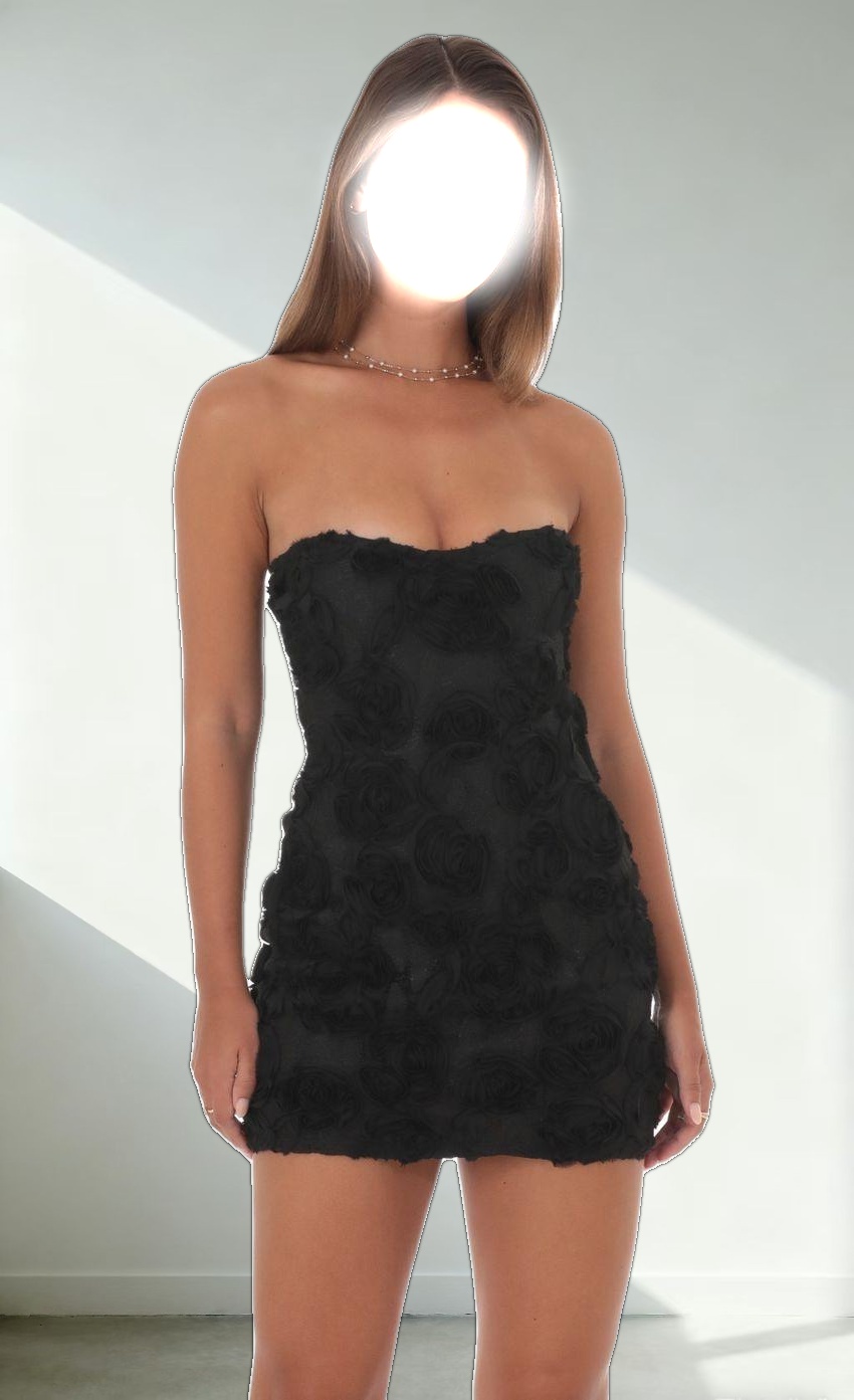 Floral Mesh Strapless Dress in Black