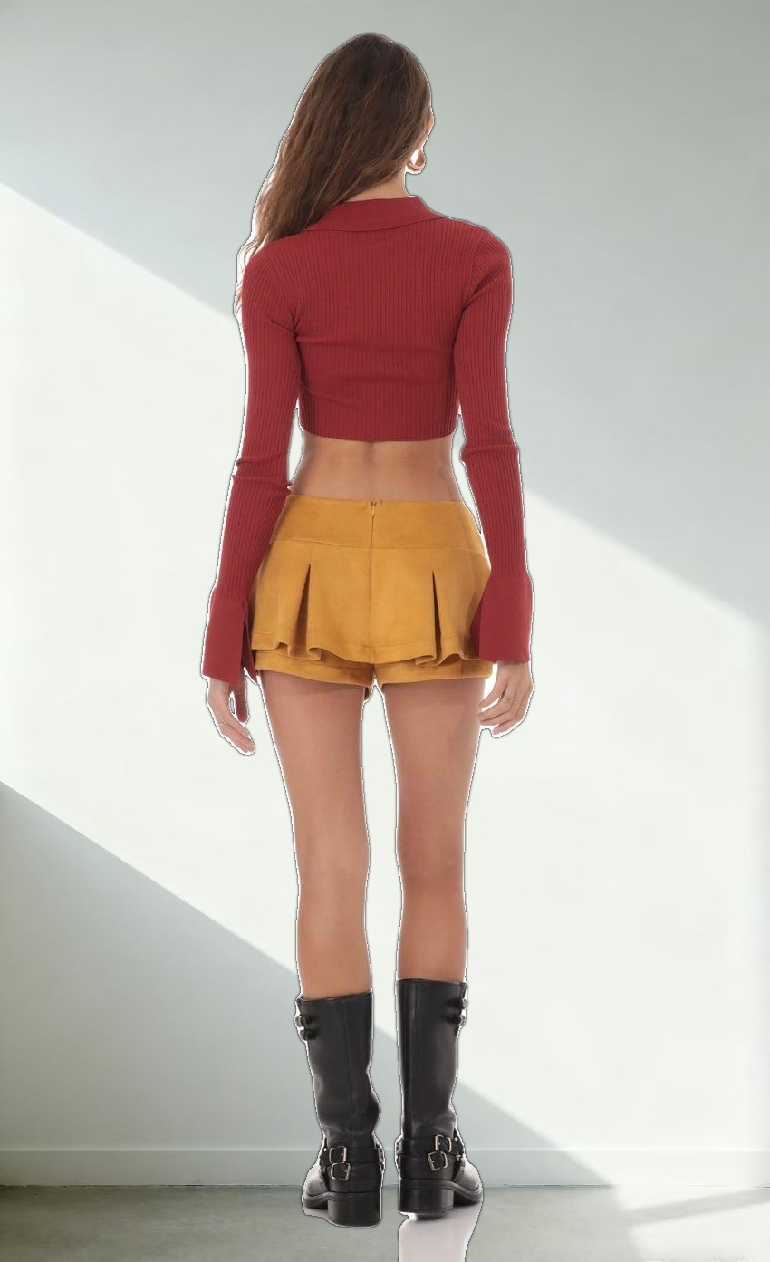 Ribbed Collared Top in Maroon