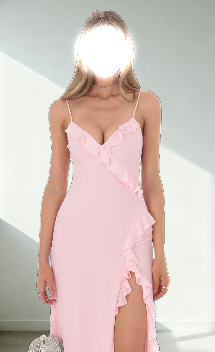 Ruffle V-Neck Maxi Dress in Pink