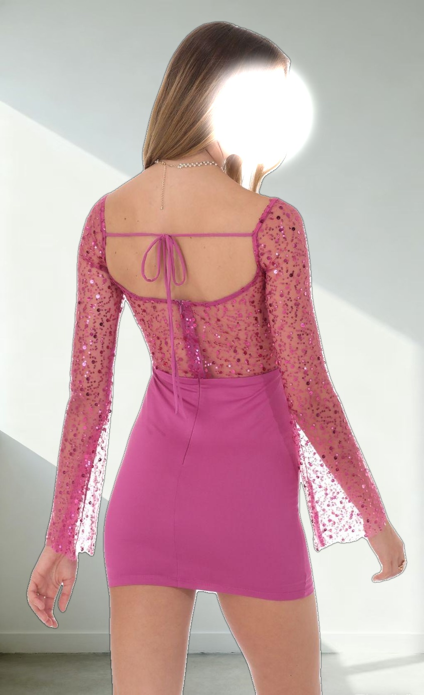 Sequin Long Sleeve Dress in Magenta