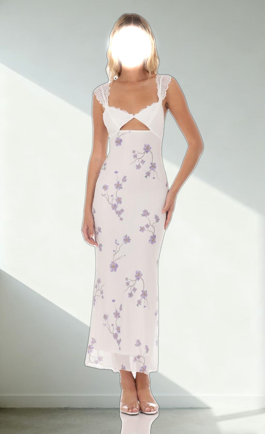 Lace Cutout Floral Maxi Dress in White