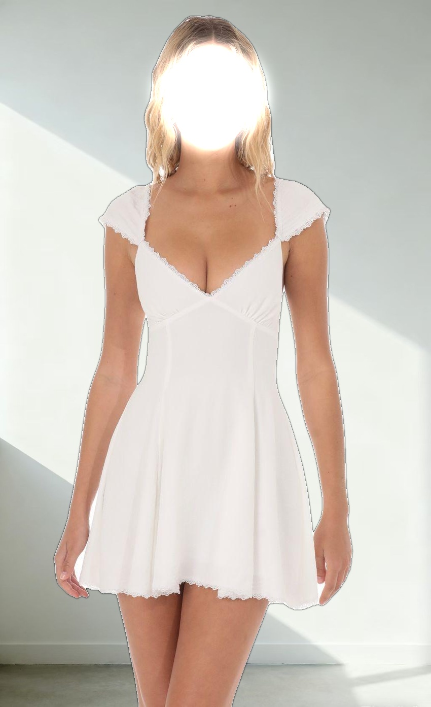 Lace Trim Cap Sleeve Dress in White