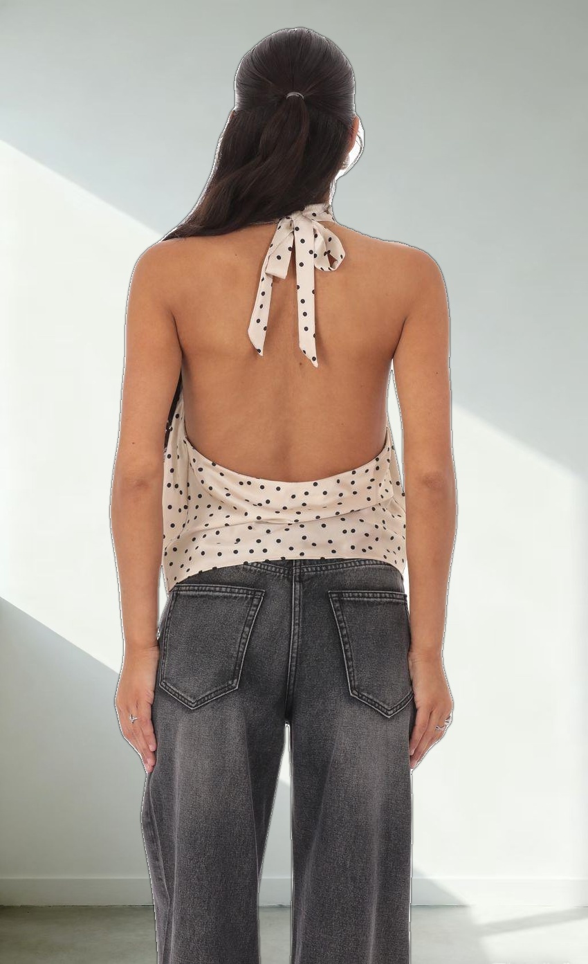Mock Neck Polka Dot Top in Beige