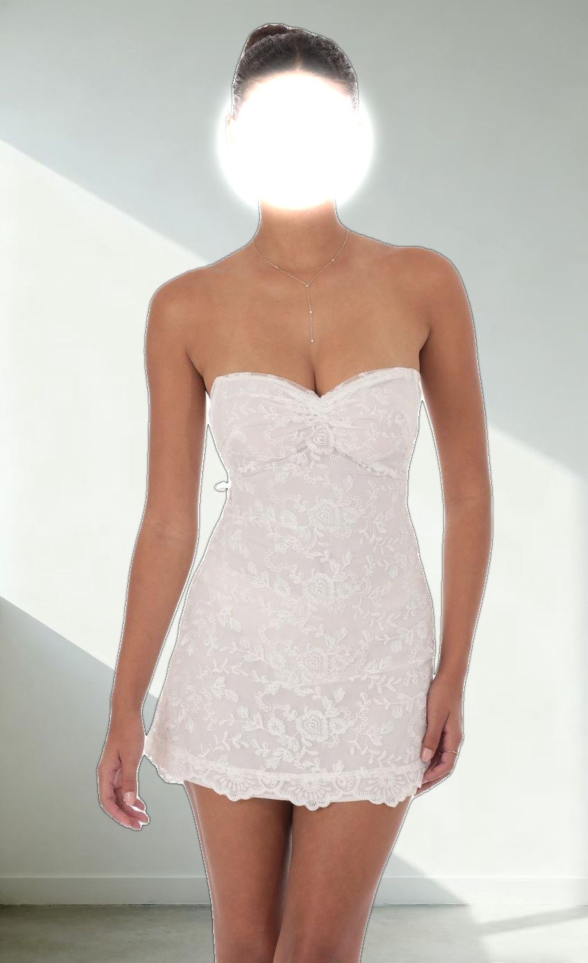 Embroidered Floral Strapless Dress in White