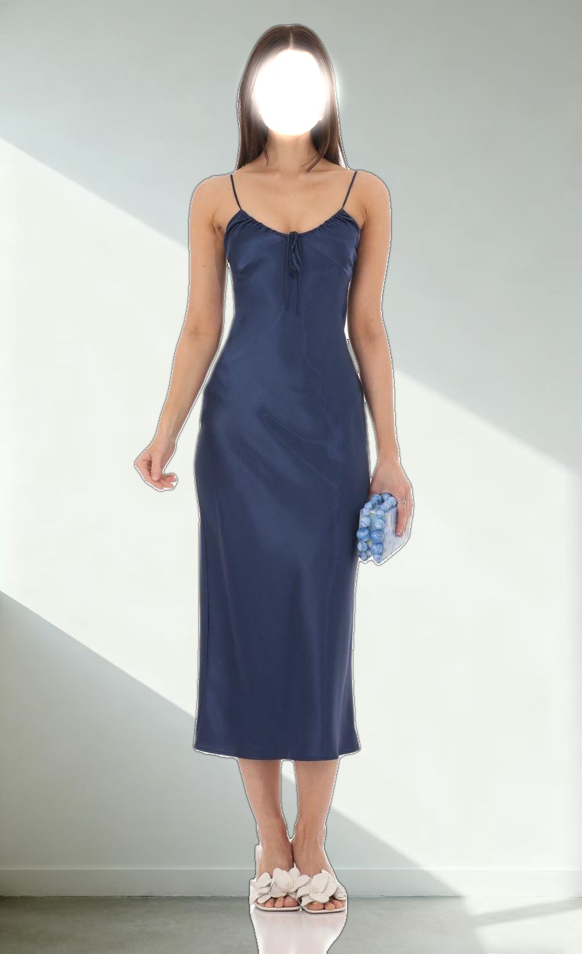 Satin Open Back Midi Dress in Navy