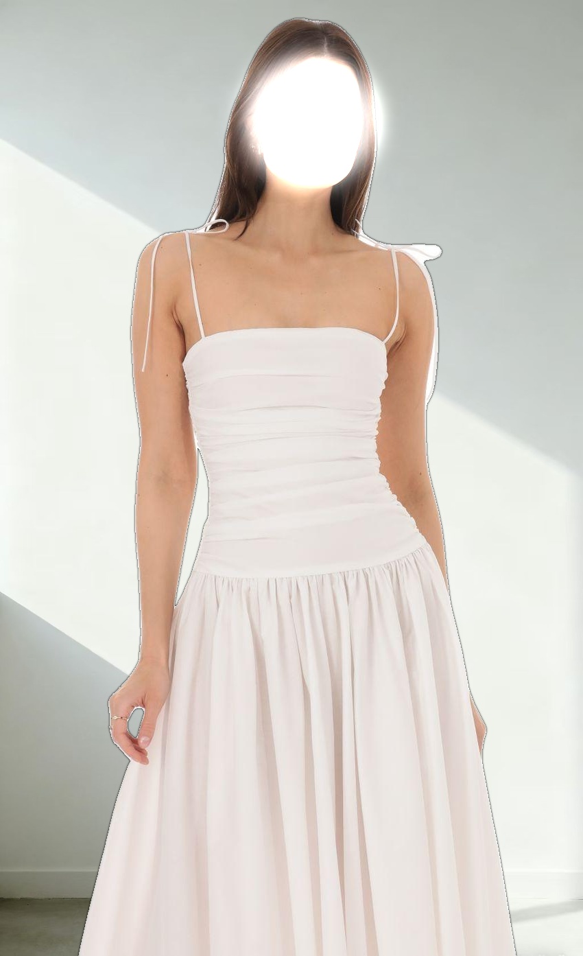 Ruched Square Neck Midi Dress in White