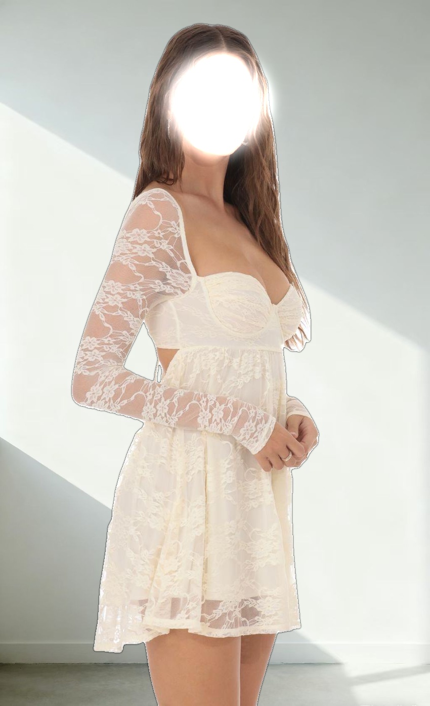 Long Sleeve Lace Babydoll Dress in Cream