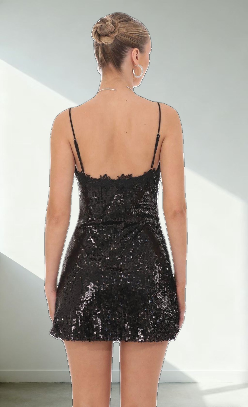 Floral Trim Sequin Dress in Black