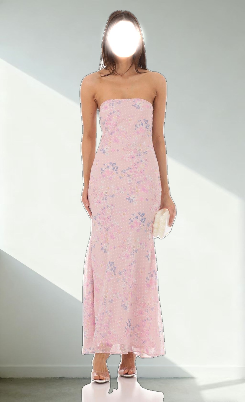Dotted Floral Strapless Maxi Dress in Pink