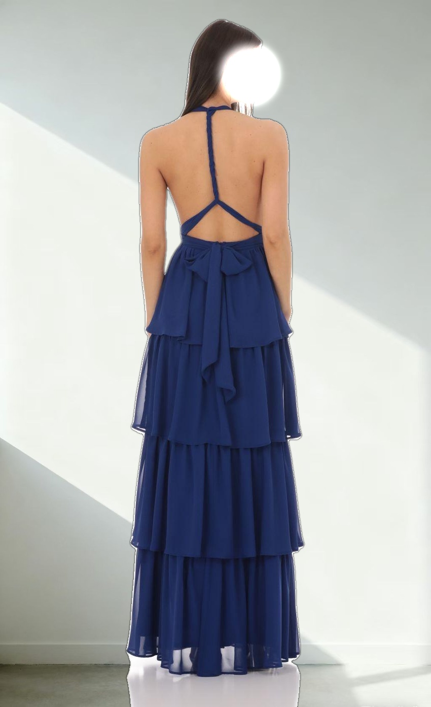 Chiffon Plunge Ruffle Dress in Blue
