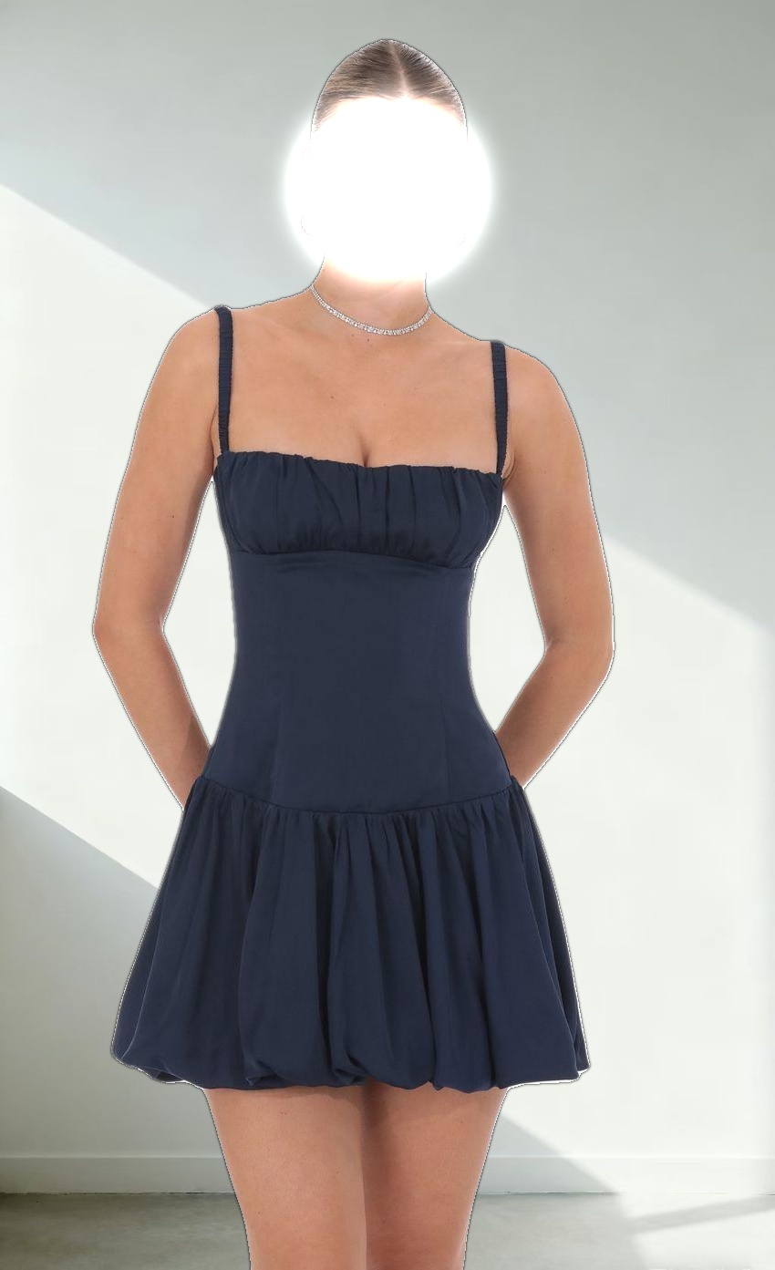 Ruched Bust Bubble Dress in Navy