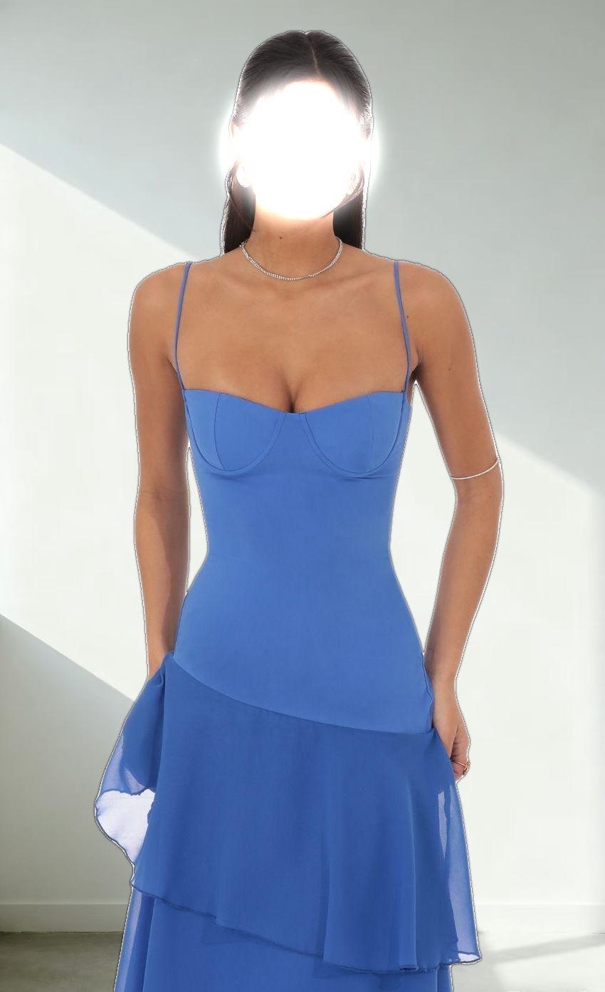 Long Ruffle Maxi Dress in Blue