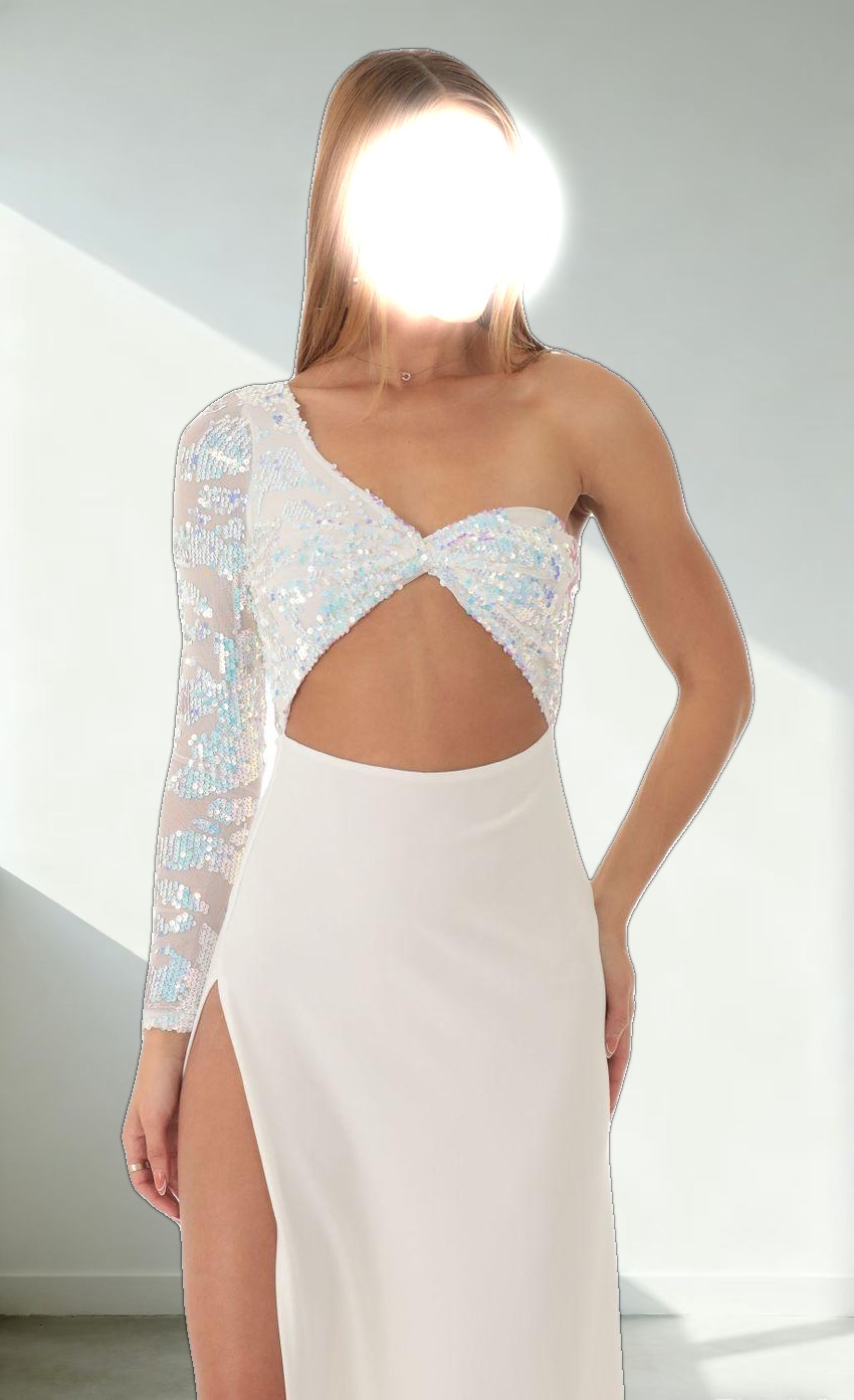 Iridescent Sequin One Shoulder Maxi Dress in White