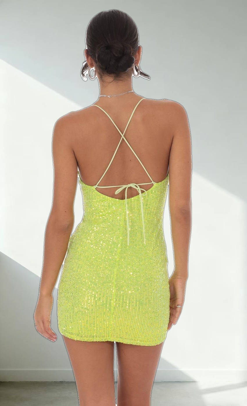Sequin Ruched Overlay Dress in Lime Green