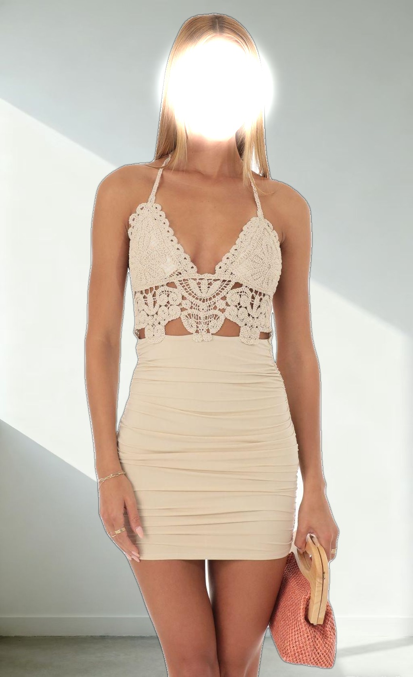 Crochet Ruched Dress in Beige