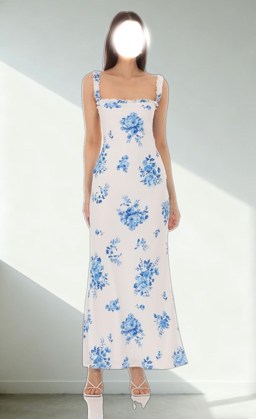 Square Neck Floral Maxi Dress in White