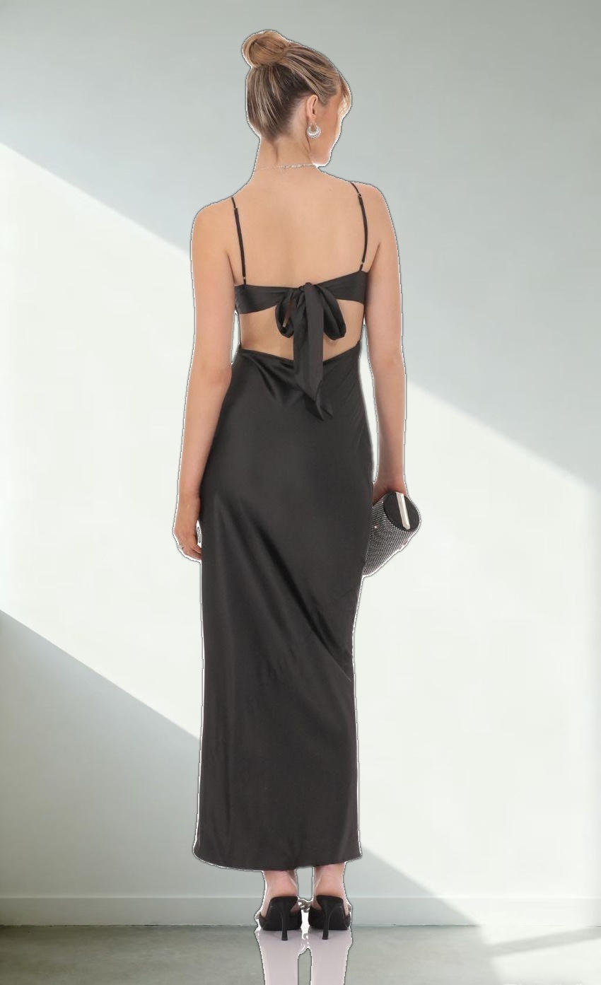 Satin Back Tie Maxi Dress in Black
