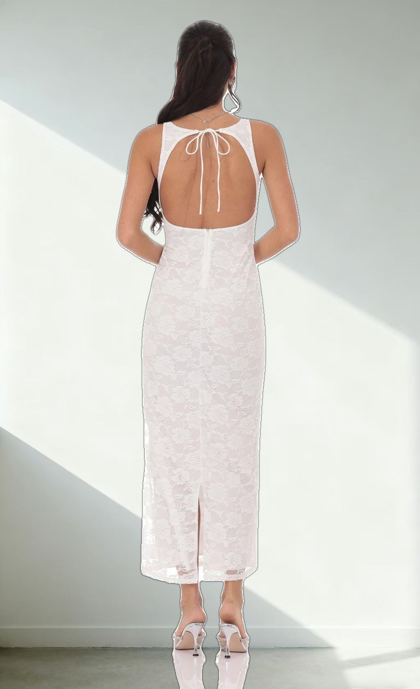Lace Open Back Bodycon Maxi Dress in White