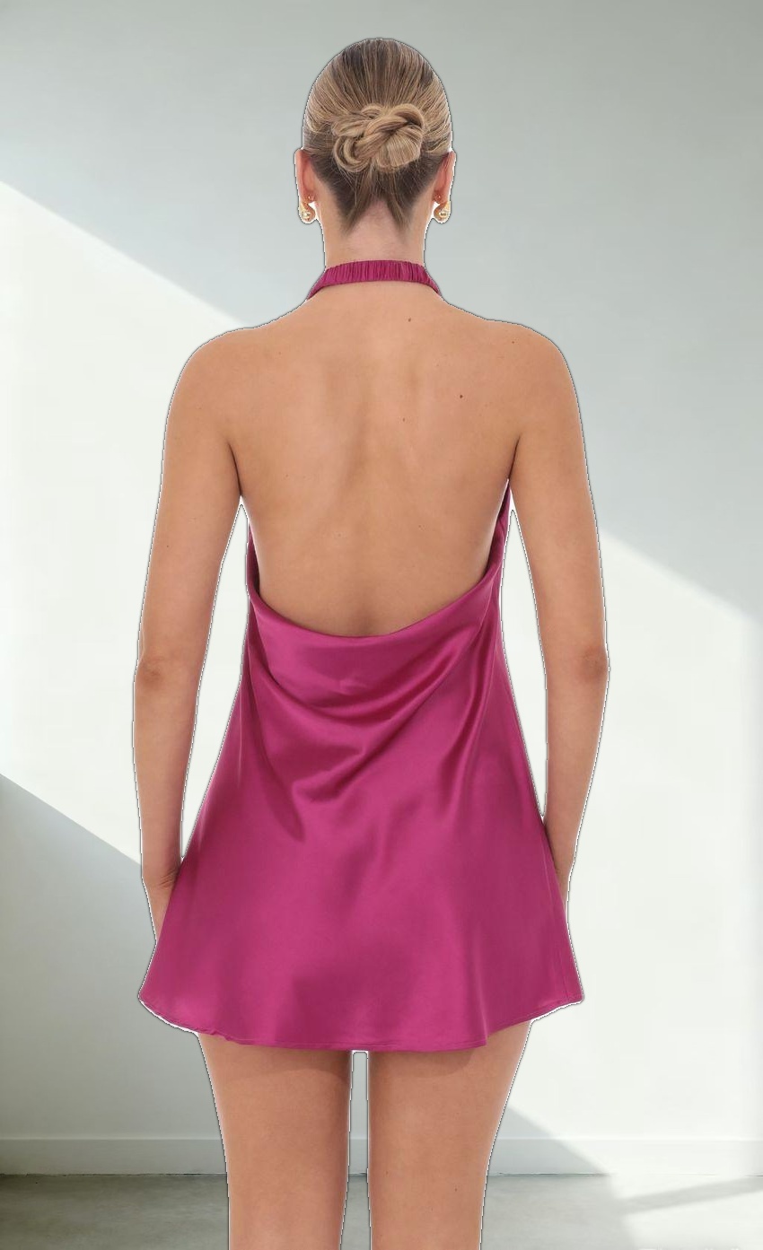 Satin Cross Halter Dress in Magenta