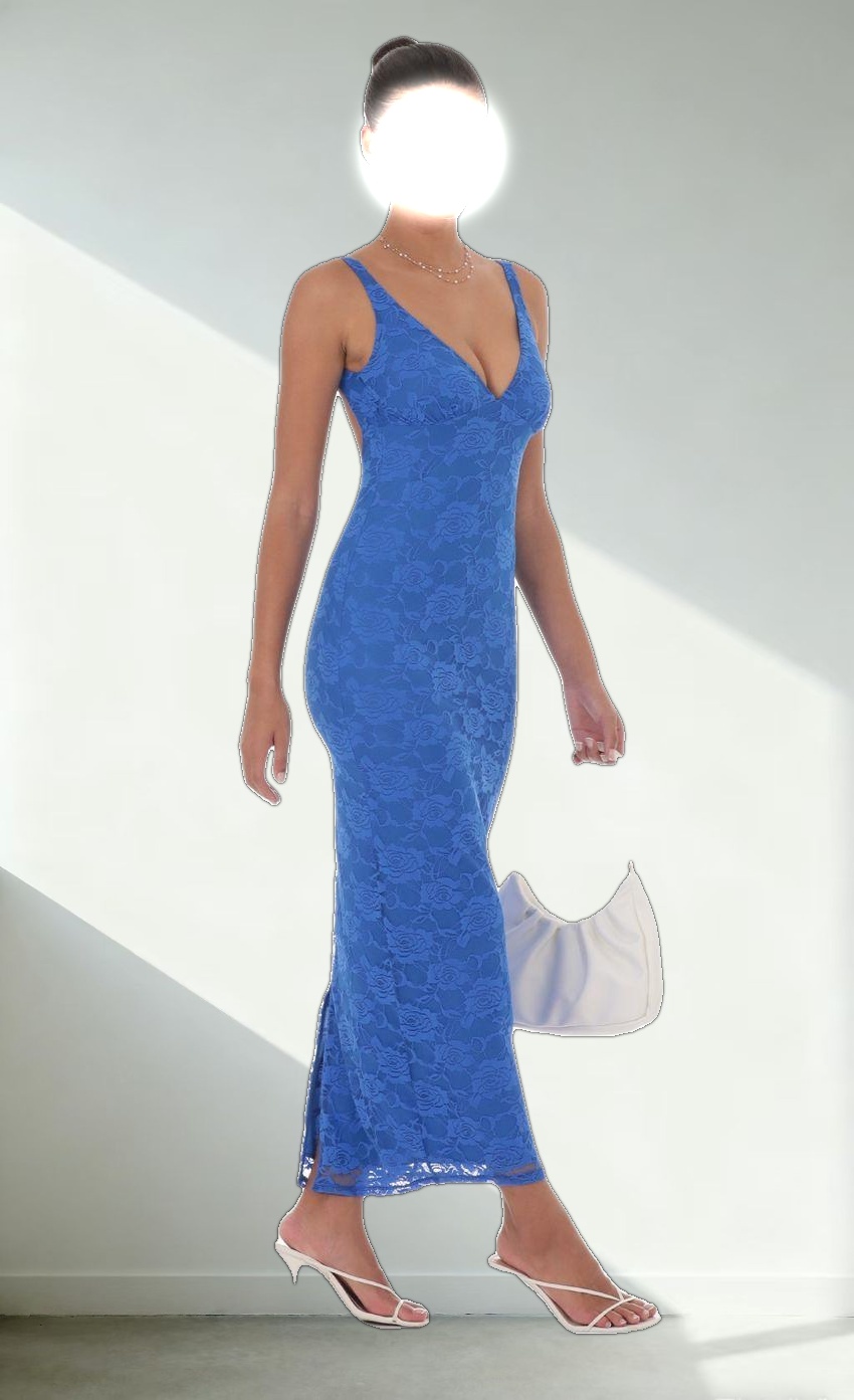 Lace Open Back Bodycon Maxi Dress in Blue