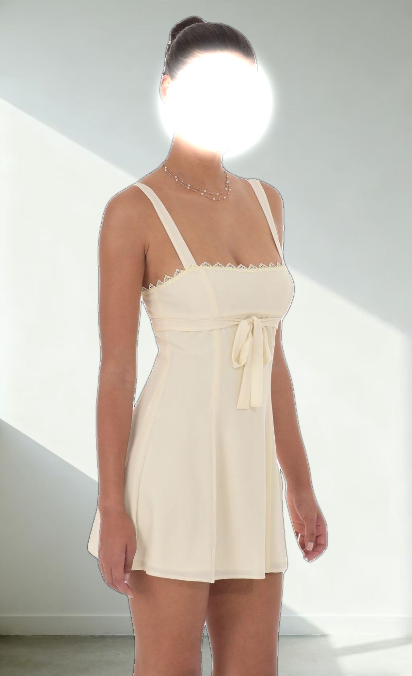 Ribbon Embroidered Trim Dress in Cream