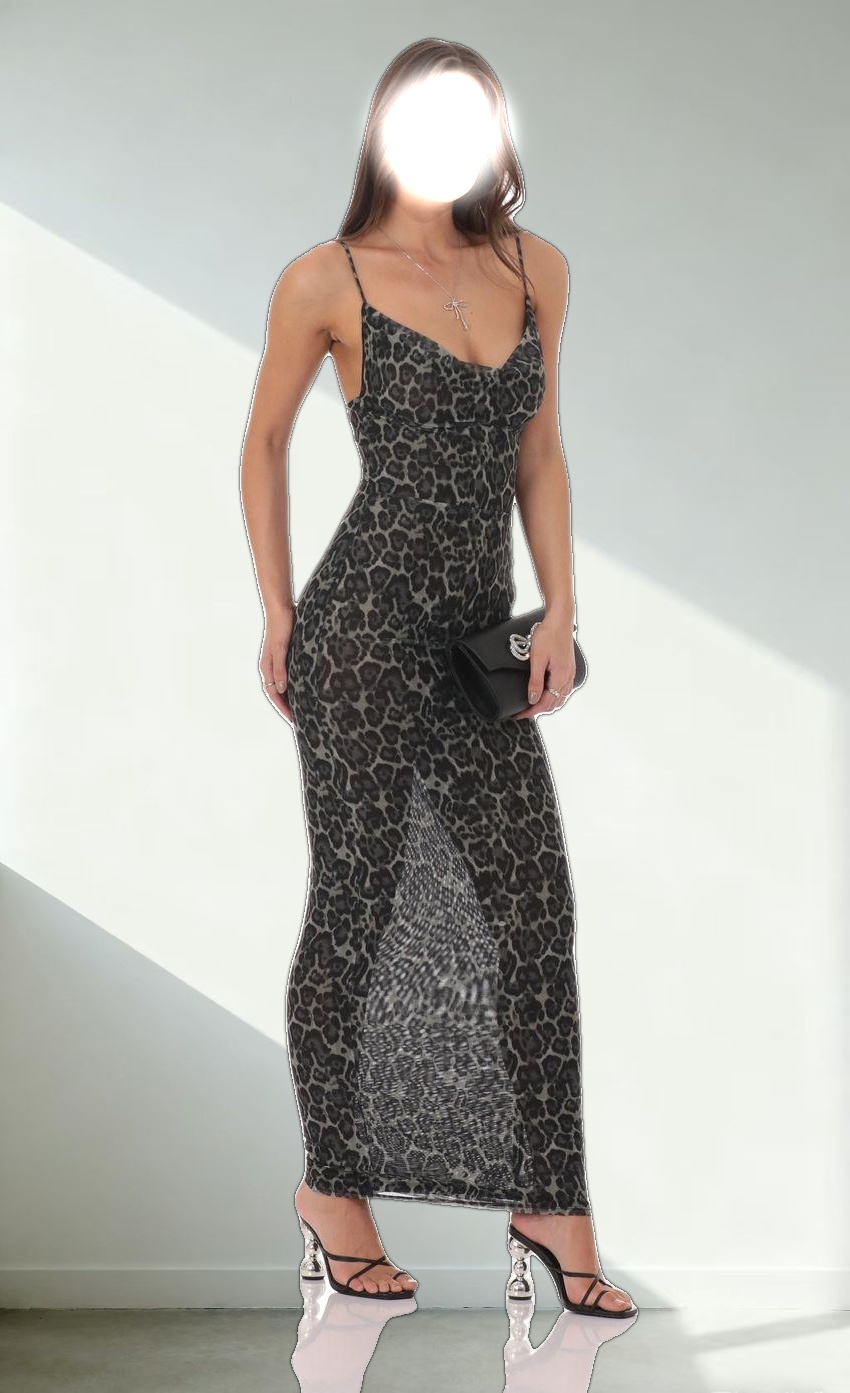 Mesh Cowl Neck Maxi Dress in Cheetah Print