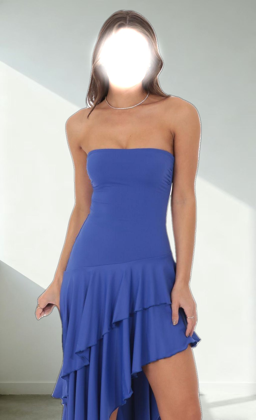 Strapless Ruffle Asymmetrical Maxi Dress in Royal Blue