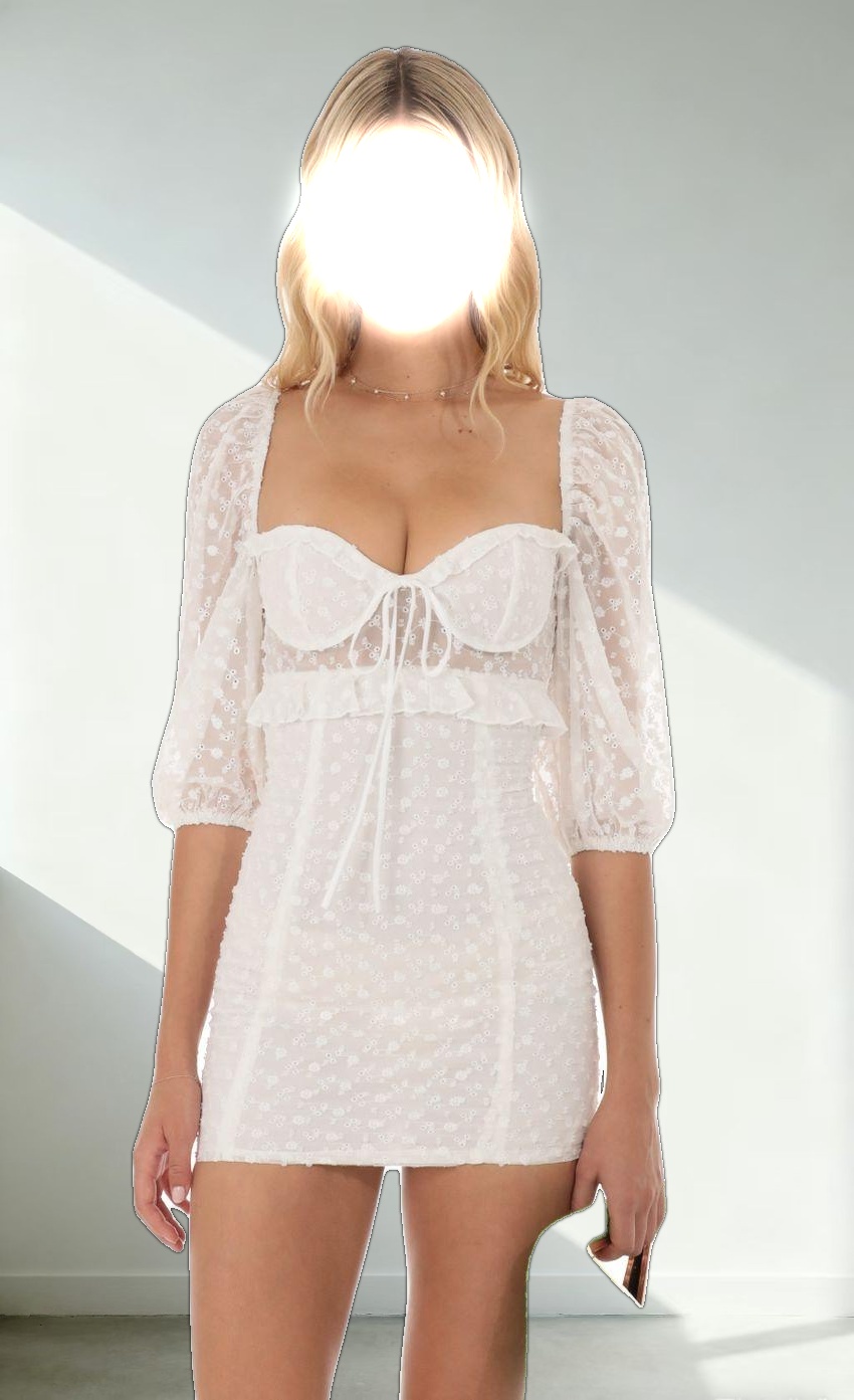 Floral Embroidered Chiffon Dress in White